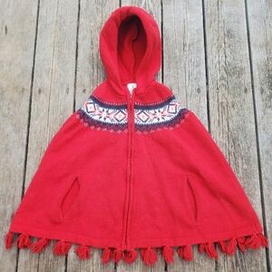 Lands' End Unisex Kids Hooded Knit Cape Red Fair Isle Tassel Trim S/M